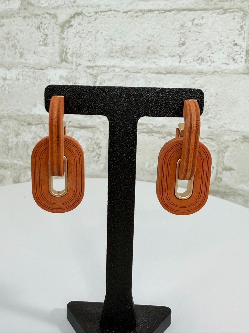 Wooden Link Drop Earrings - Warm Mahogany & Brushed Gold Accents